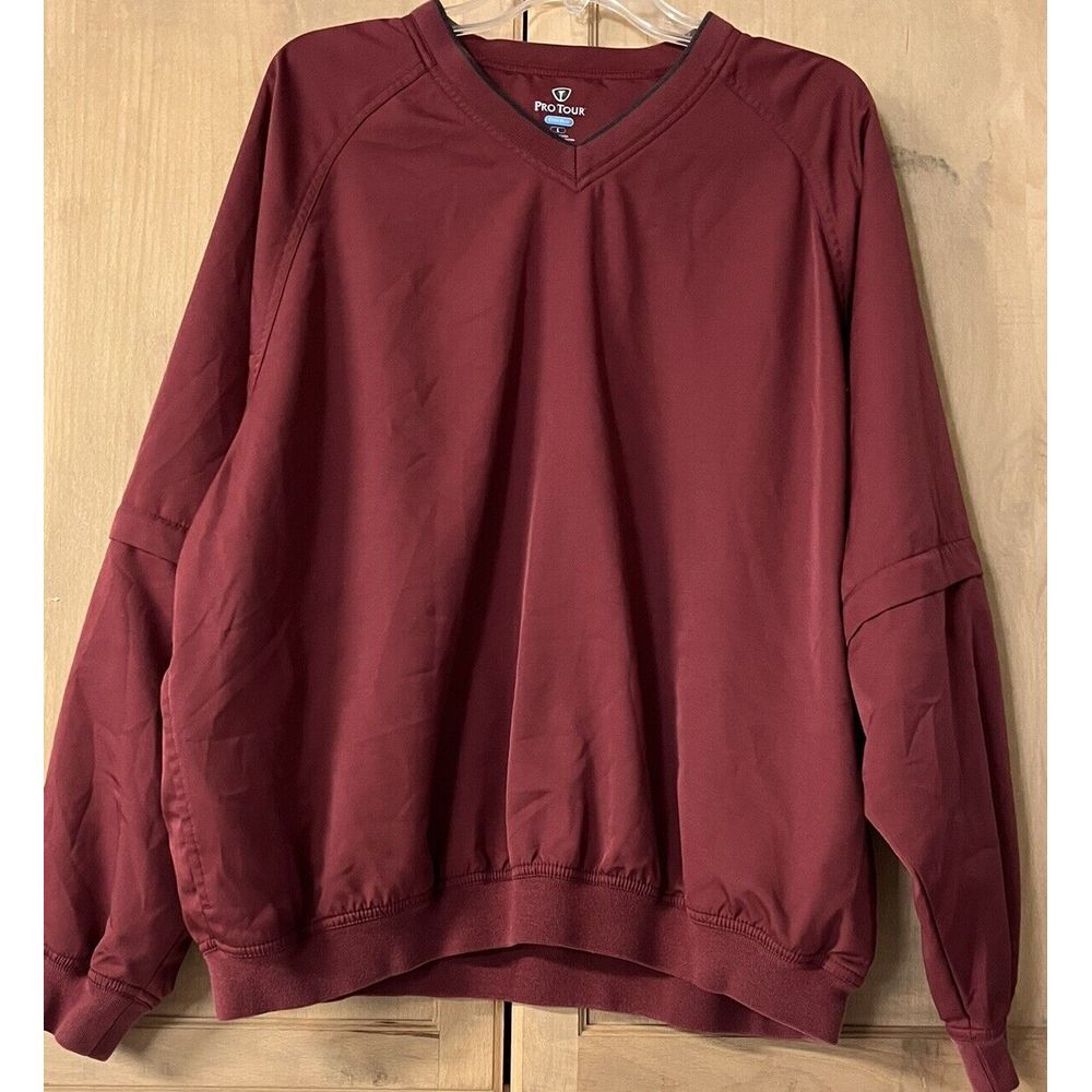 Pro Tour Cool Play Pullover Windbreaker LS Lg Burgundy W/pockets Zip Off Sleeves